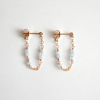 Tiny Gemstone Chain Hoop Stud Earrings - Aquamarine