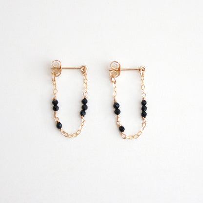 Tiny Gemstone Chain Hoop Stud Earrings - Black Spinel