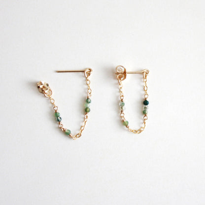 Tiny Gemstone Chain Hoop Stud Earrings - Labradorite