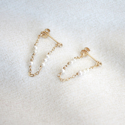 Tiny Pearl Chain Hoop Stud Earrings