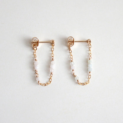 Tiny Gemstone Chain Hoop Stud Earrings - Morganite